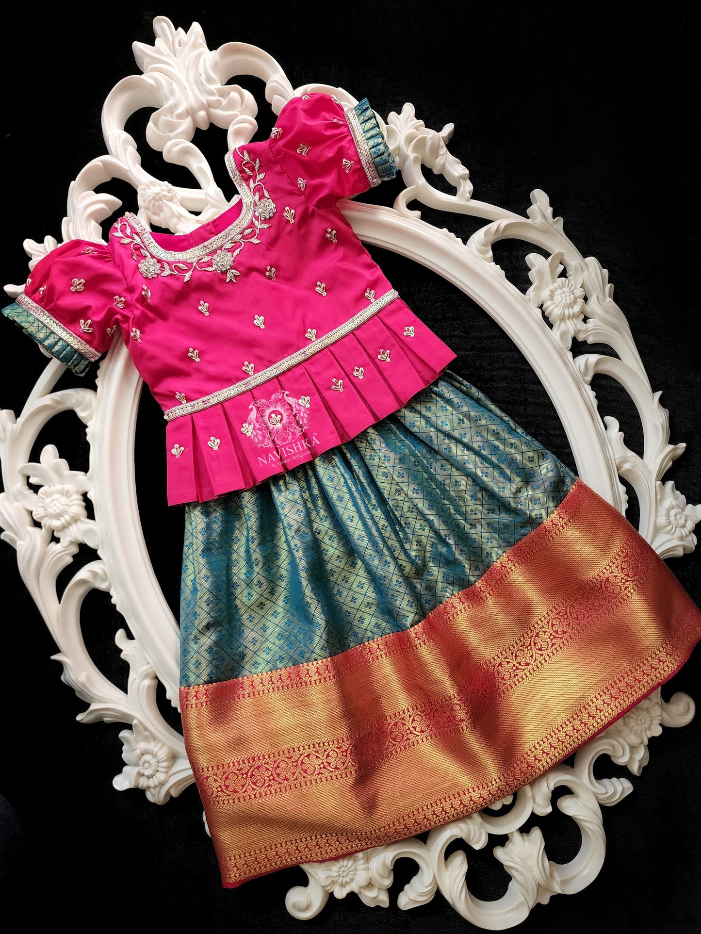 Turquoise Blue Kids Kanchi Pattu Lehenga