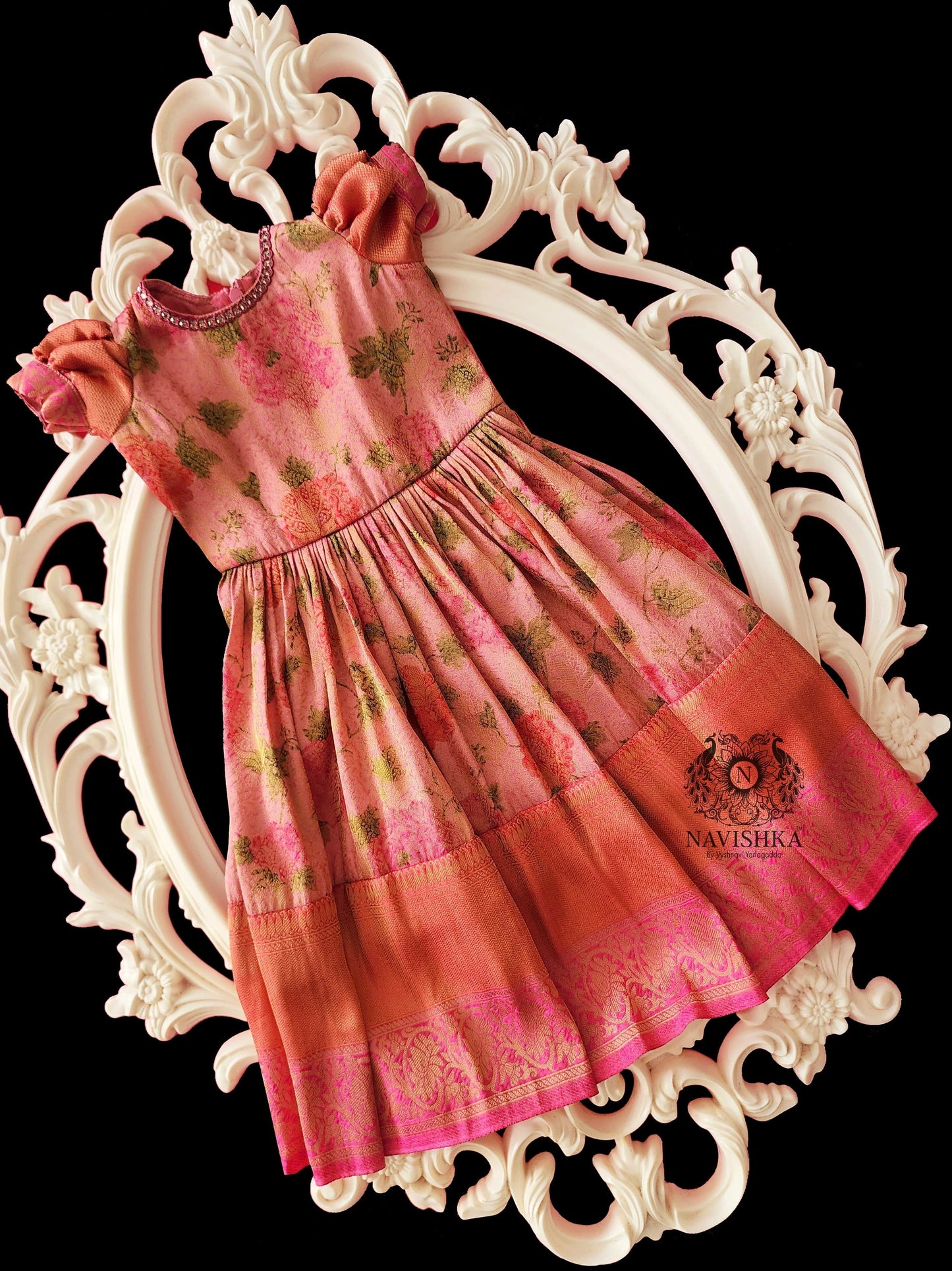 Pink Floral Kids Soft Silk Dress