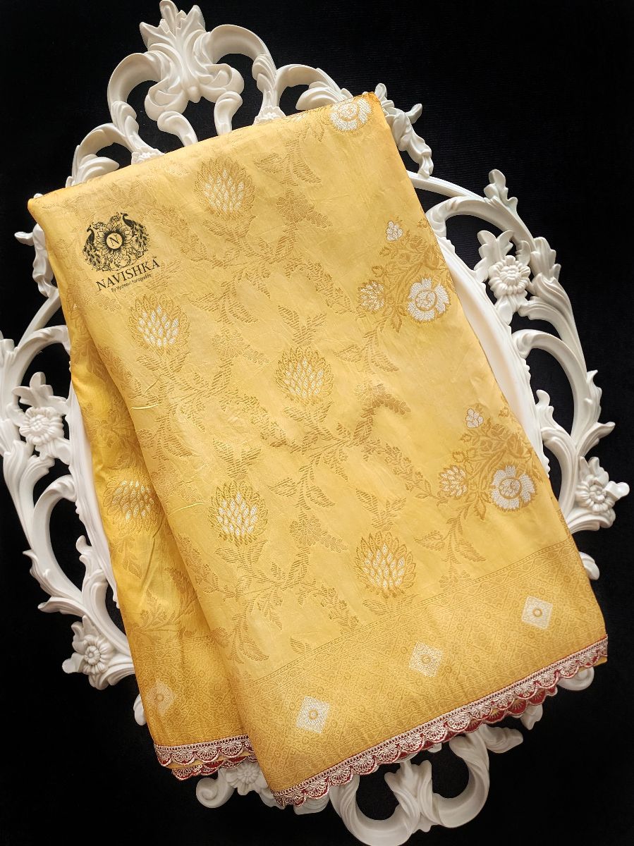 Pastel Yellow Scalloped Banaras Silk Saree