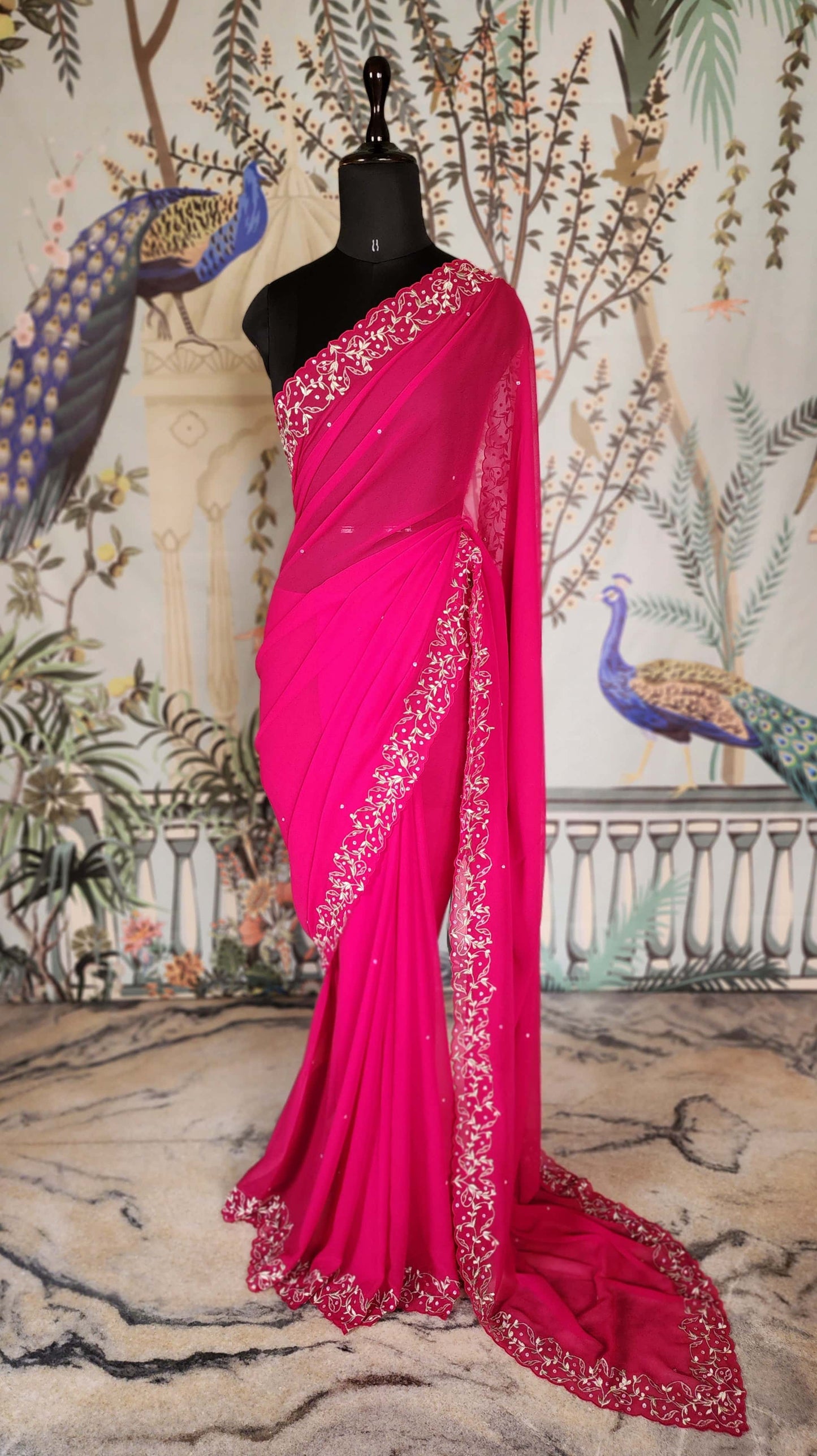 Twining Vines Embroidered Saree - Hot Pink