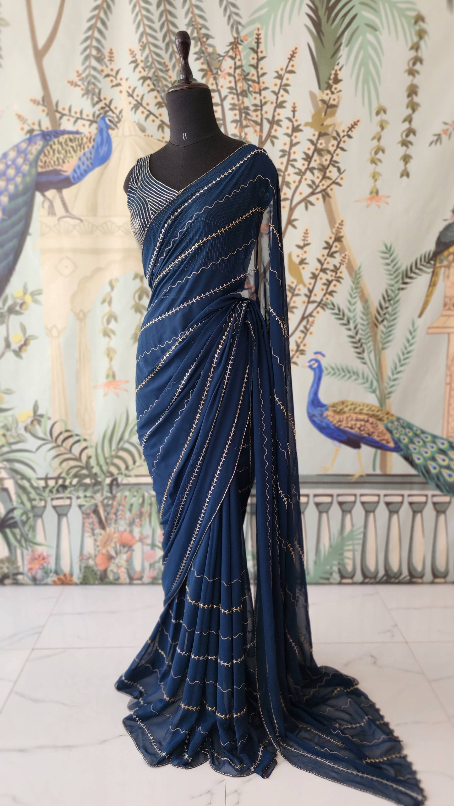 Tarang Embroidered Saree - Prussian Blue