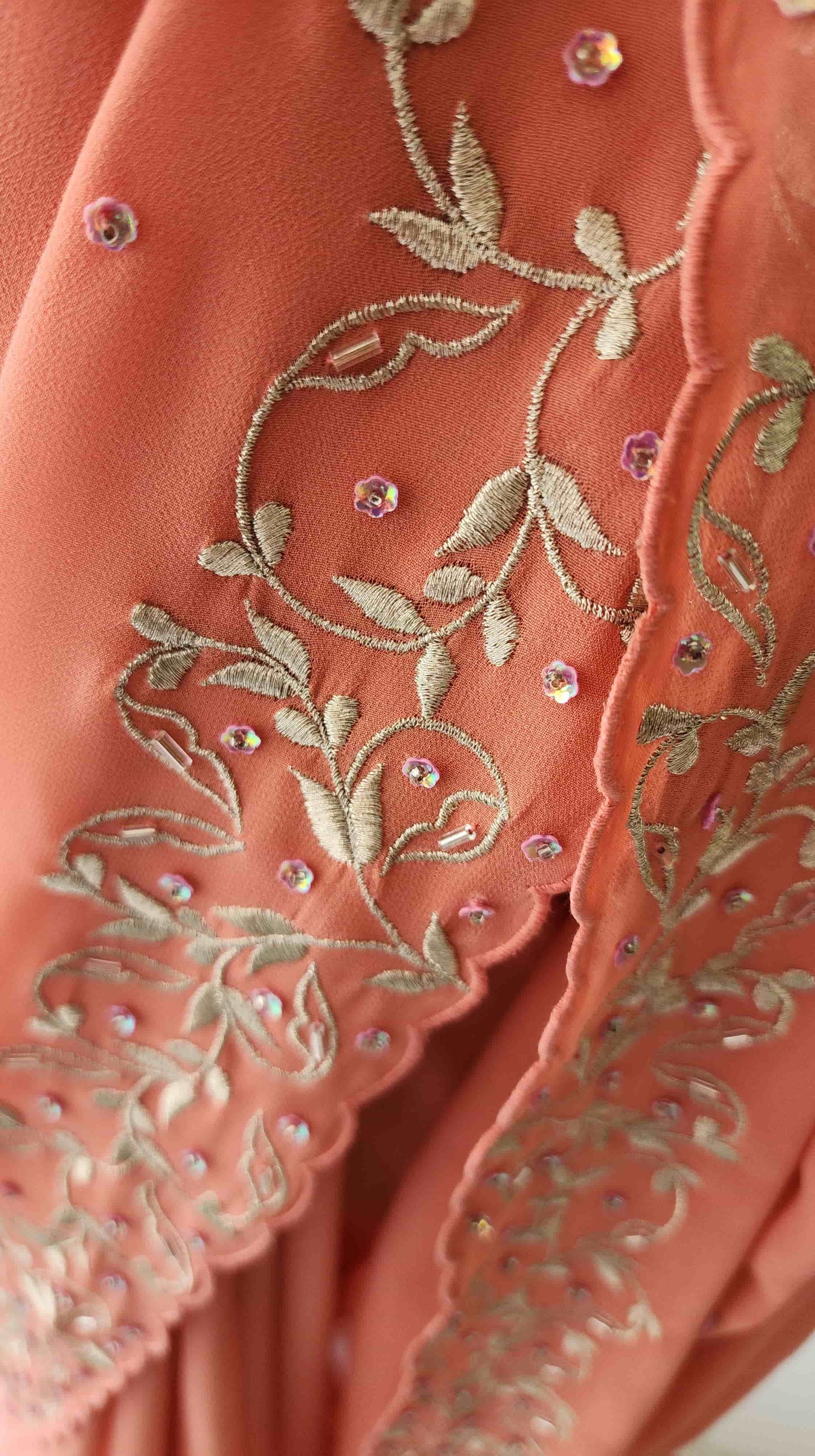 Twining Vines Embroidered Saree - Pastel Salmon