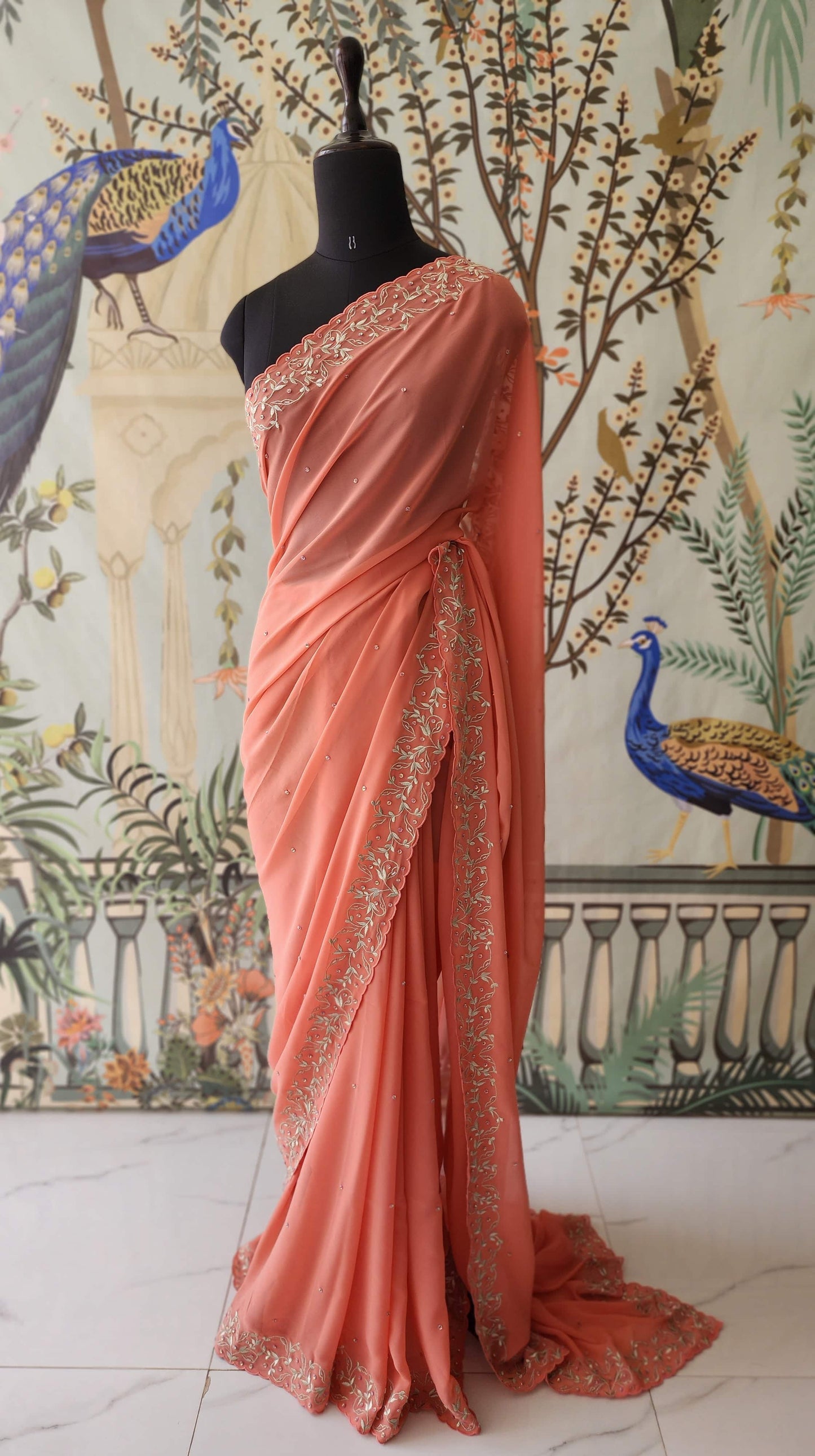 Twining Vines Embroidered Saree - Pastel Salmon