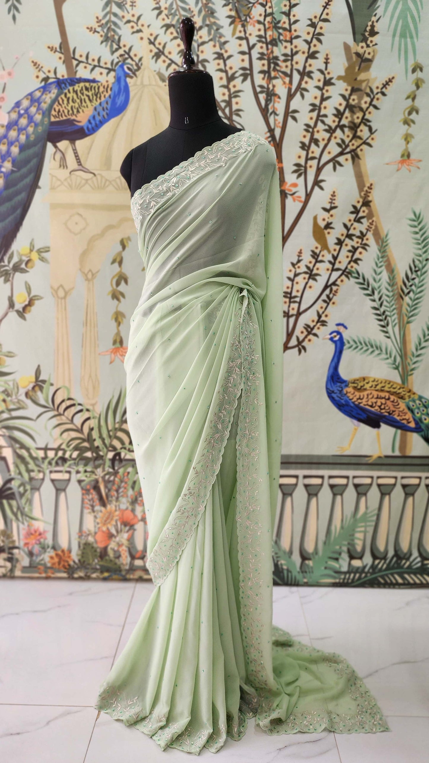 A Gratifying Heavy Embroidery Pearl Work Mint Green Saree With