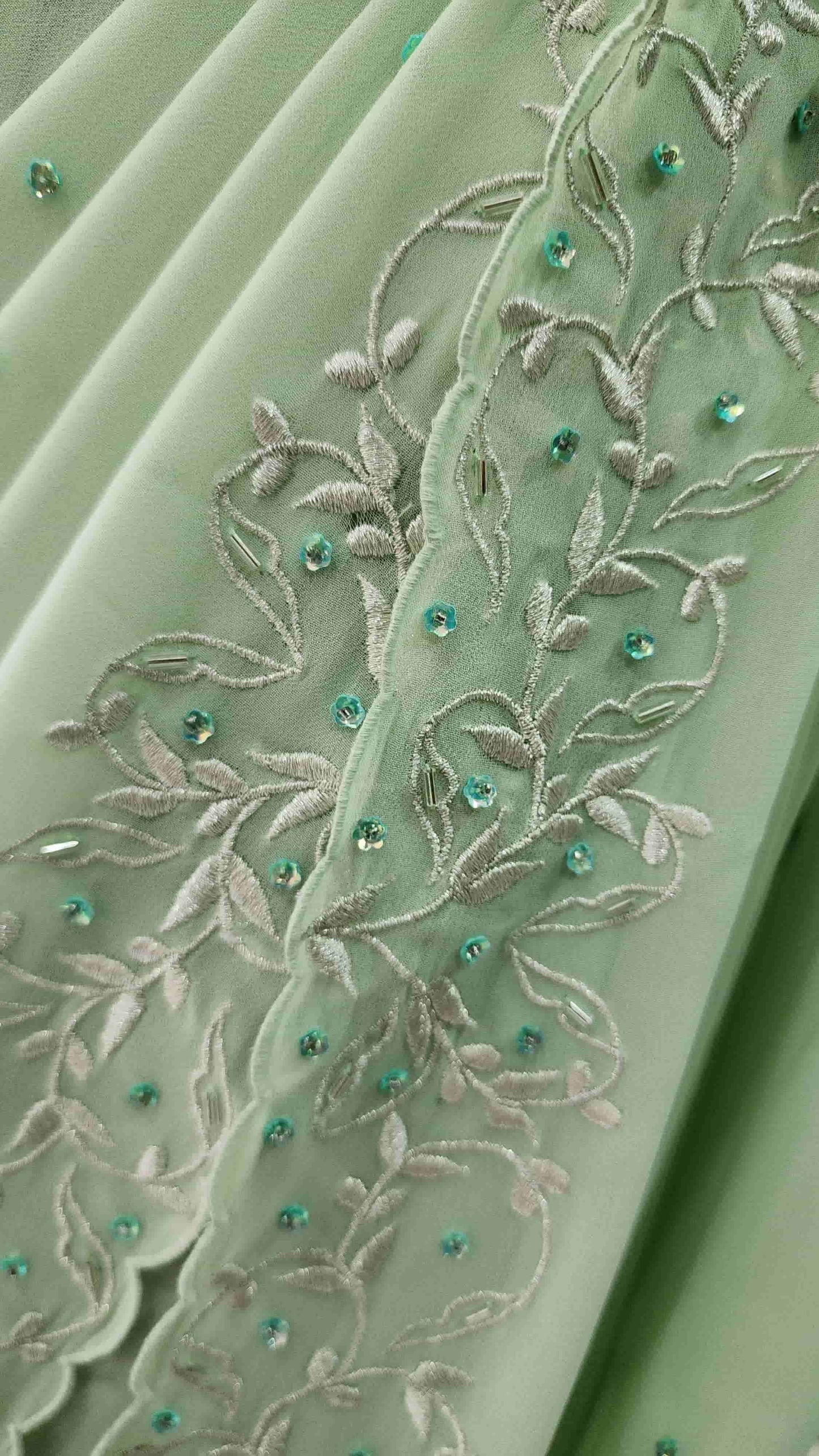 Twining Vines Embroidered Saree - Pastel Mint Green