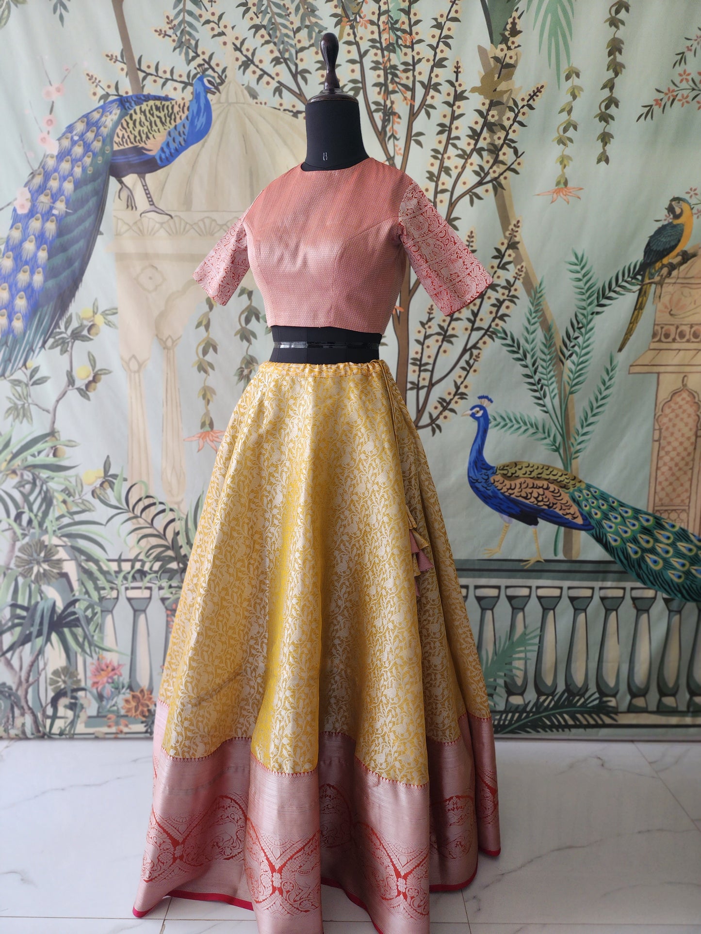 Pink & Yellow Banaras Lehenga (Size - 34)