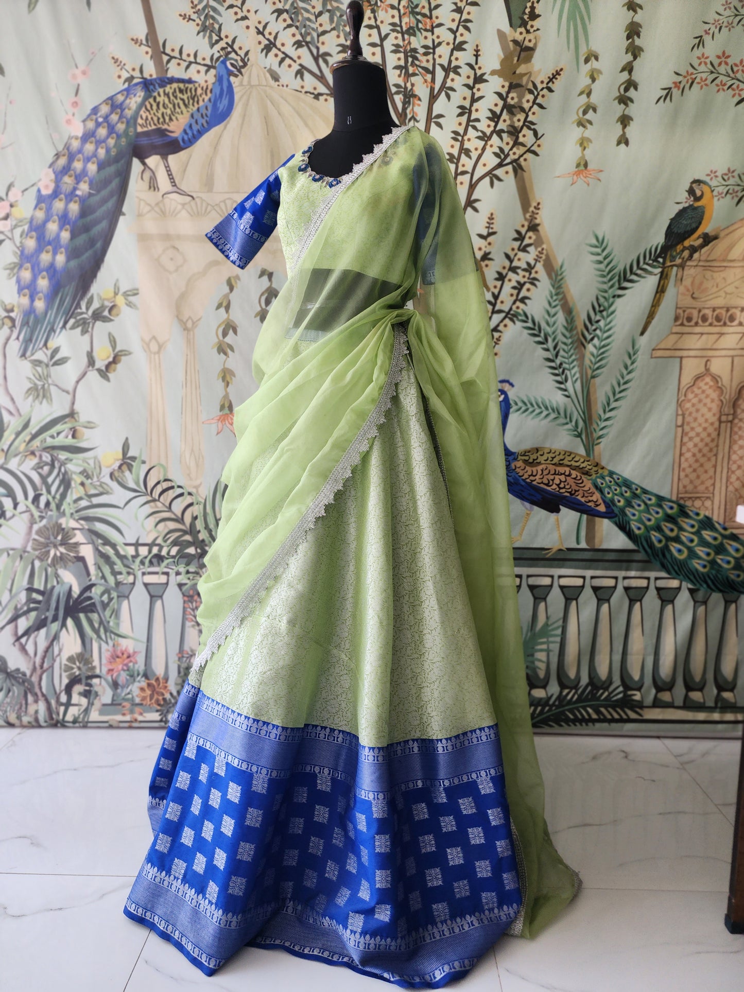 Green Hand Embroidered Banaras Lehenga (Size - 34)