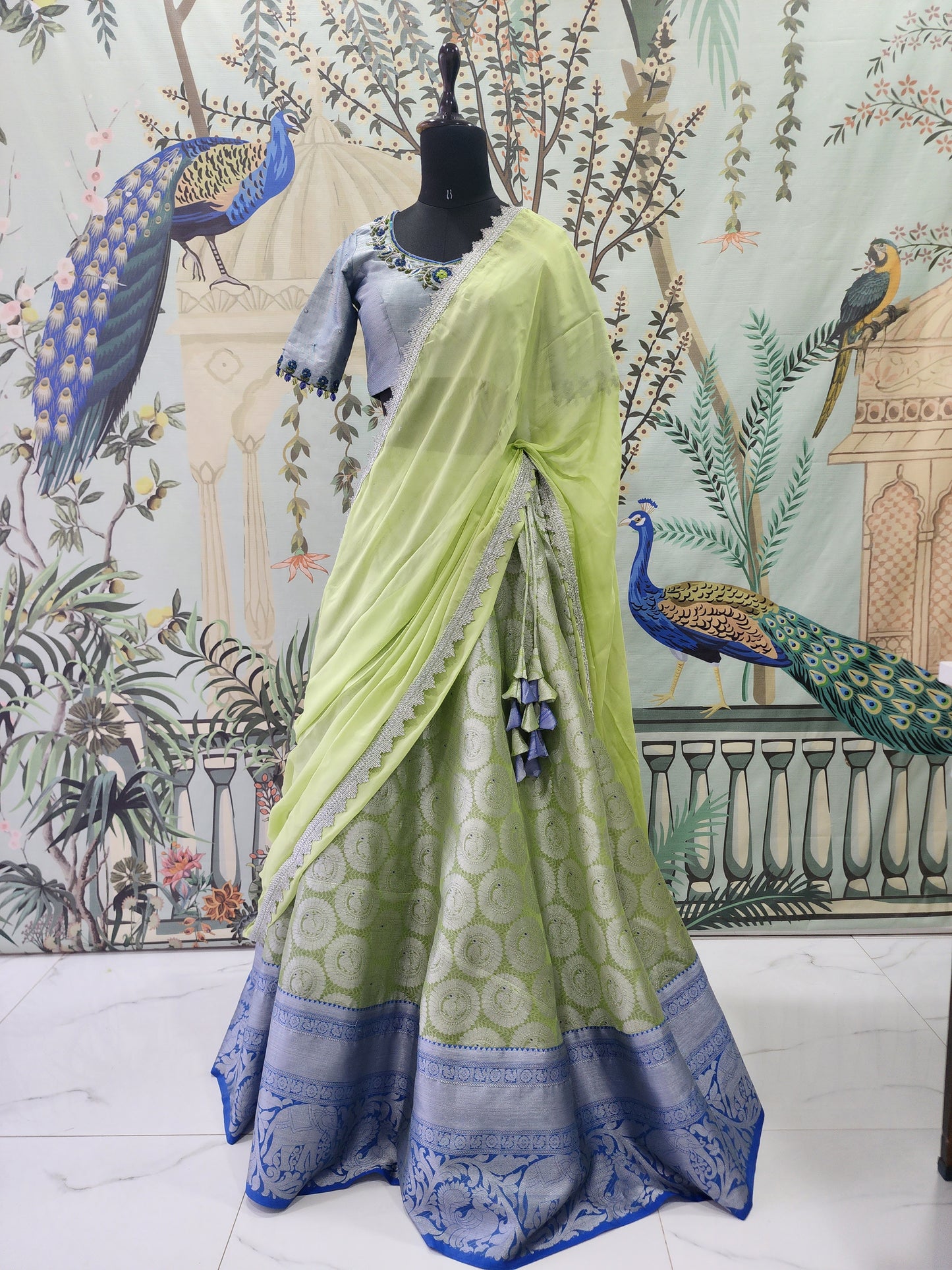 Green Hand Embroidered Banaras Lehenga (Size - 34)