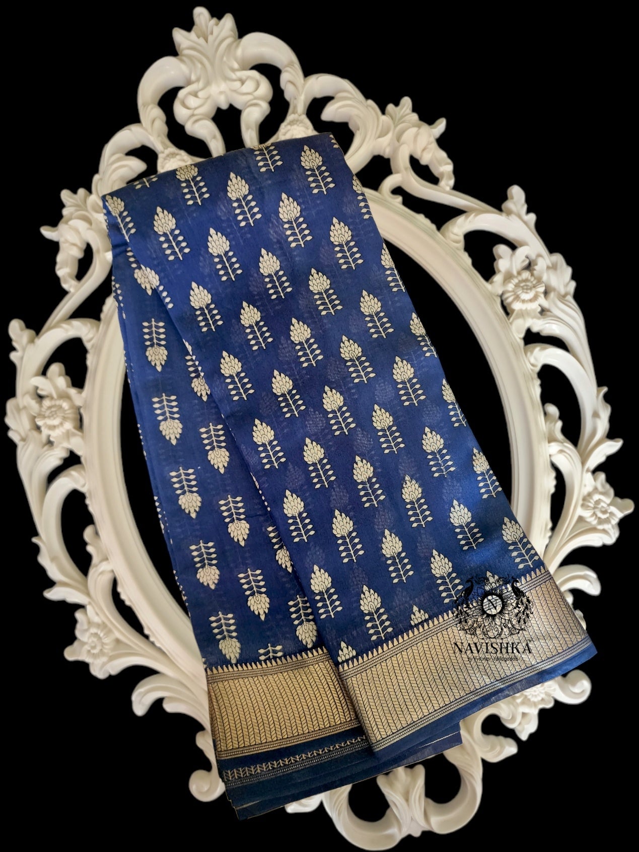 Blue printed Muslin Silk Saree