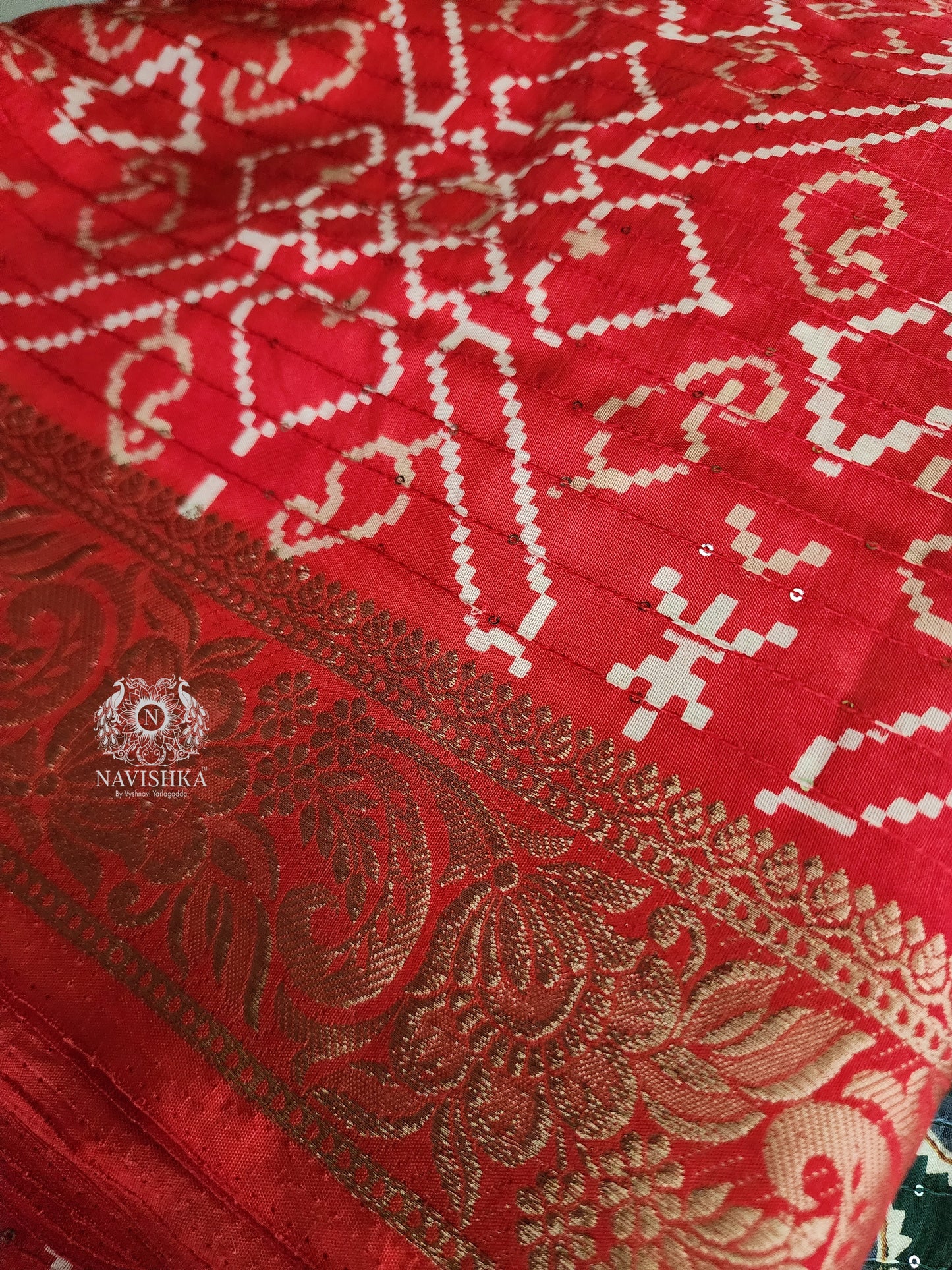 Red Orange Patola Printed Muslin Saree with Sequins