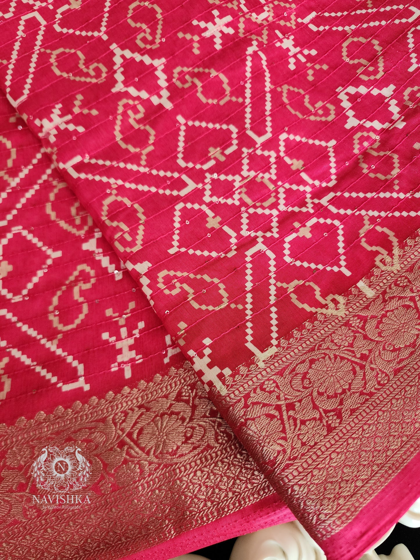 Pink Patola Printed Muslin Saree with Sequins