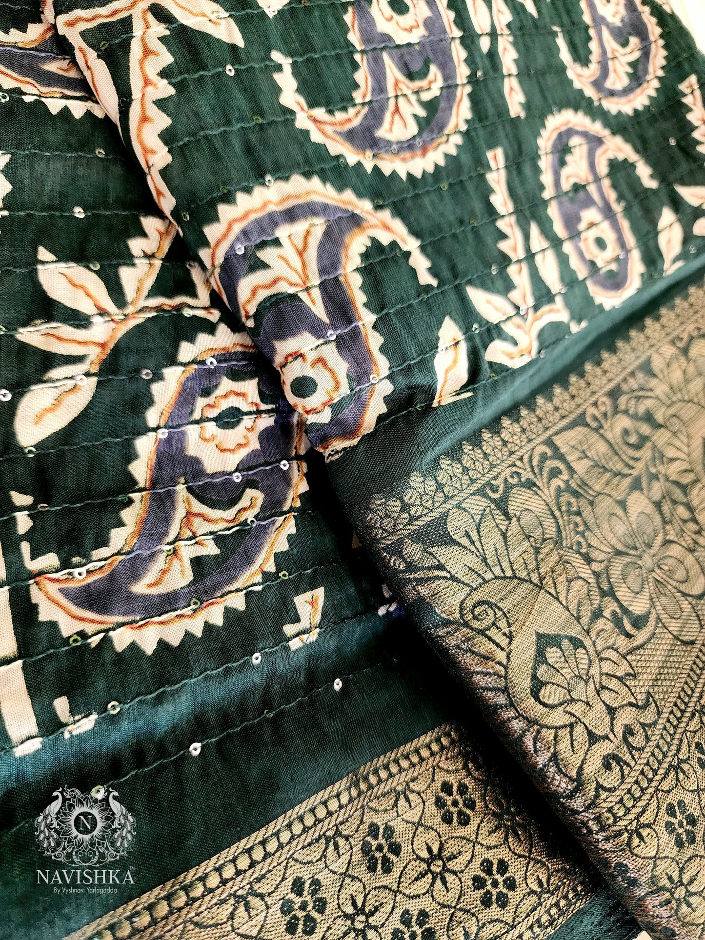 Bottle Green Paisley Printed Muslin Saree with Sequins