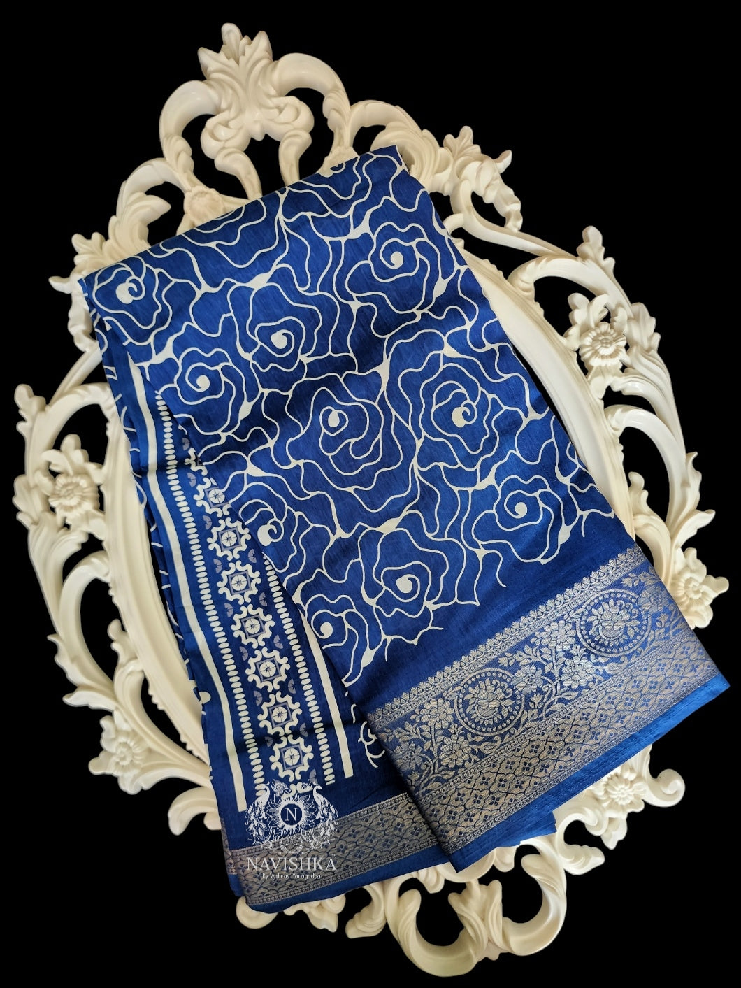 Blue Rose Printed Muslin Saree