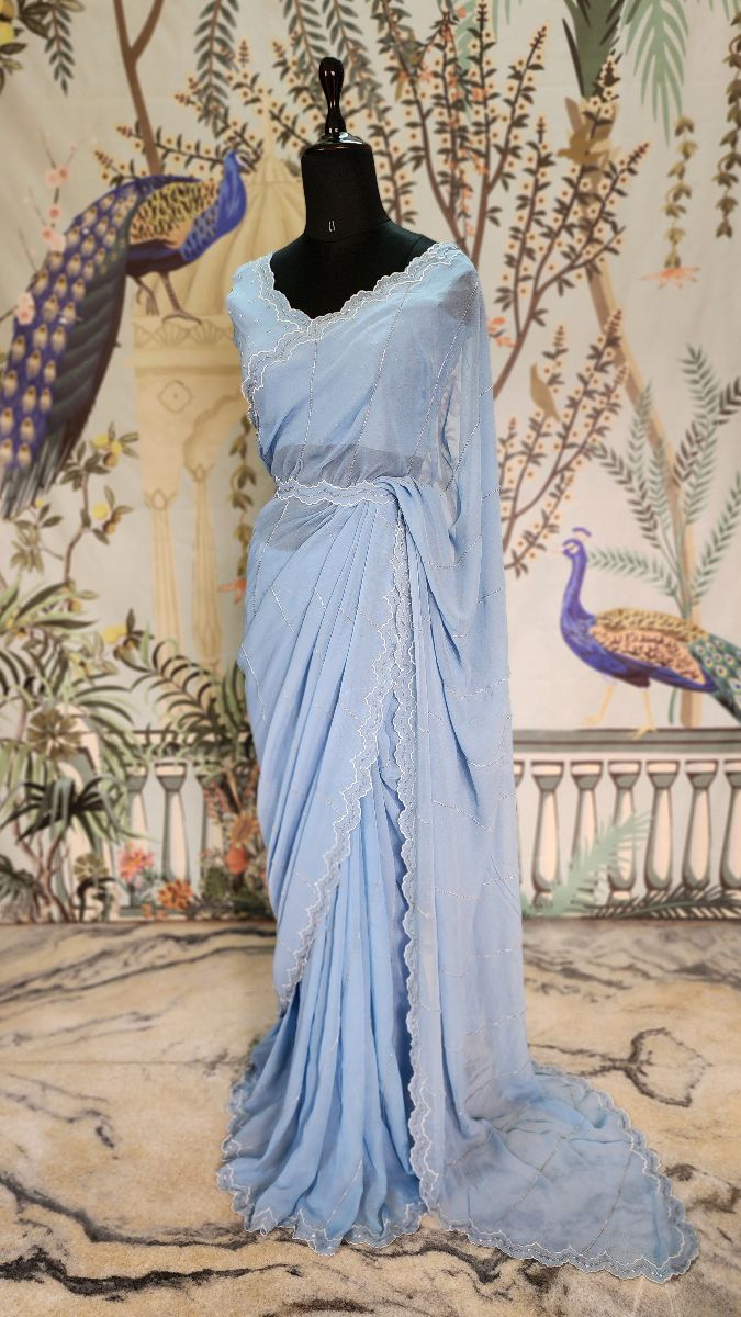 Apsara Scalloped Embroidered Saree Set - Powder Blue