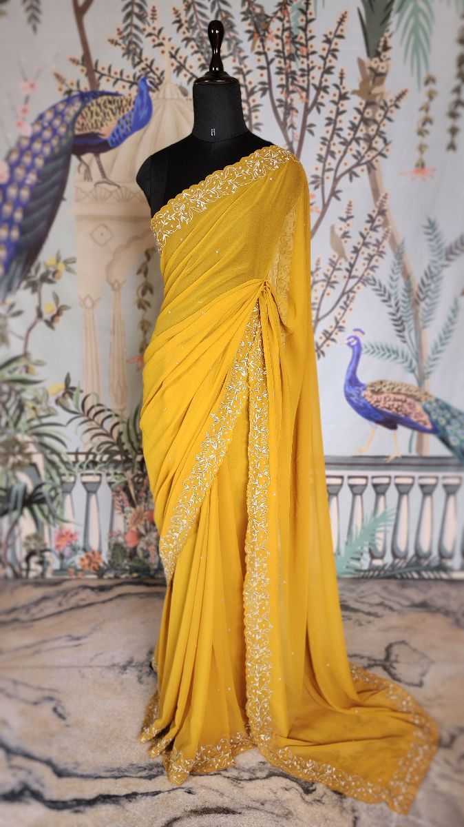 Twining Vines Embroidered Saree - Mustard